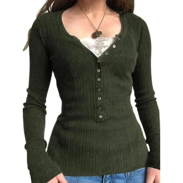 Women's Basic Henley Tunic Top, Casual V-Neck Long Sleeve Ribbed Knit Slim Fit with a Lace Tie-Front Detail, Casual Everyday Top, Longsleeves