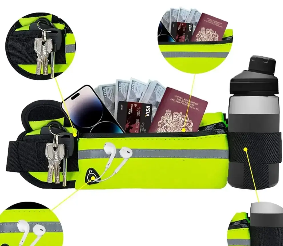 Reflective Running Waist Pack with Water Bottle Holder, Lightweight Waterproof Sports Fanny Pack with Key Hook & Earphone Hole, Adjustable Belt for Jogging Cycling Hiking Gym Outdoor Workouts