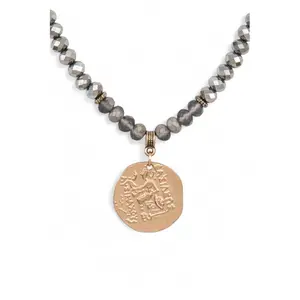 Embossed Medallion Pendant Beaded Necklace