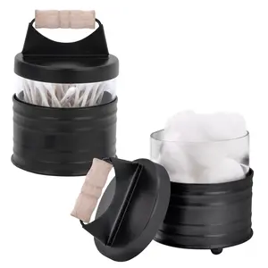 Autumn Alley Farmhouse Matte Black Metal Apothecary qtip Jars Set with Rustic Wooden Handles- Deluxe Glass and Metal Constructed canisters for your Farmhouse Bathroom Vanity