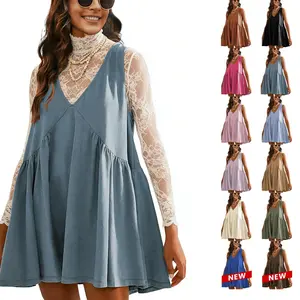 WoodBerry Women's V Neck Sleeveless Mini Dress Elegant Outfits Summer Casual Loose Pleated Swing Flowy Beach Sun Tank Dress with Pockets, Layer with Mesh Tops Womenswear Vneck