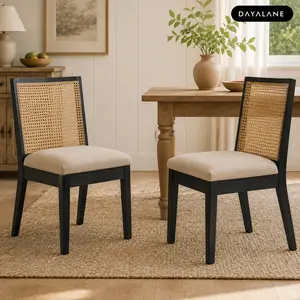 [SummerVibes]DAYALANE Modern Farmhouse Dining Chair Set of 2– Rattan Back Linen Seat, Comfortable Cozy Seat, Perfect Kitchen & Living Room Seating