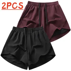 Women’s two-piece double-layer faux two-piece athletic shorts, suitable for fitness and running. The double-layer faux two-piece design creates layered visual effect. Elastic drawstring waistband allows free adjustment for a snug fit. Curved irregular hem