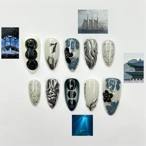 Sarahmarket Korean Aesthetic Silver Blue Press-On Nails, Chrome Texture Floral & Abstract Details, Cool Tone Gradient Base, Minimal Elegant Vibes, Artistic Nail Art, Soft Luxury Look, Custom Handmade Set