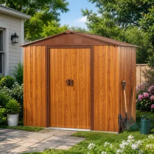 6x6 FT Outdoor Metal Storage Shed with Foundation, Galvanized Steel Garden Tool Shed, Lockable Sliding Door, UV Resistant, Yellow Brown, for Backyard Patio Lawn Equipment Organizer, Yellow Brown Color Options, Metal Material, Product Dimensions: