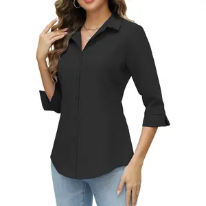 Women Button Down Shirts 3/4 Sleeve Basic Business Dress Shirt Slim Fitted Classic V Neck Button Up Work Blouse TopsGift