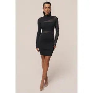 Black Sheer Knit Mock Neck Dress