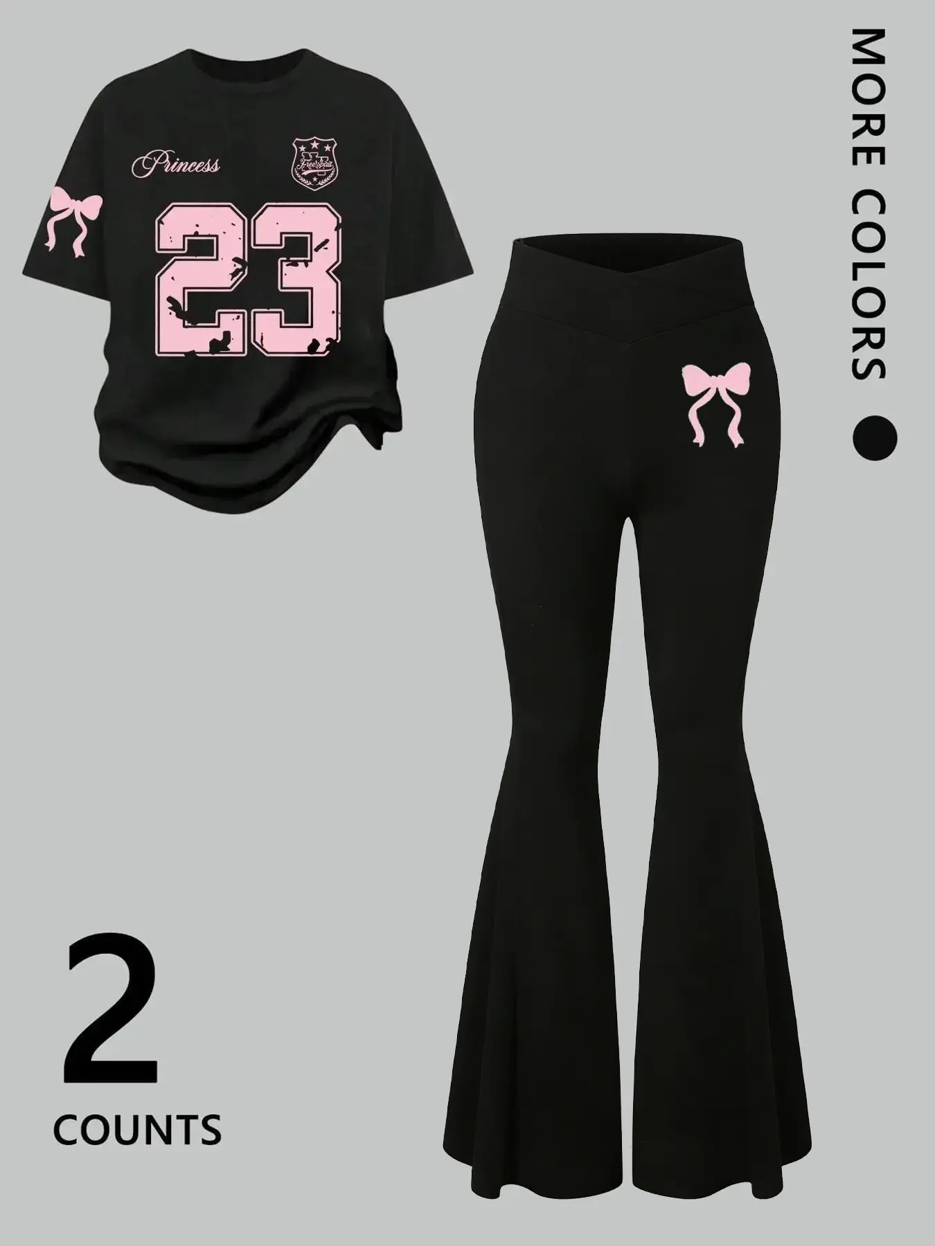 Women's 2-Piece Set Princess 23 Bow Print, Y2K Academy Style T-Shirt Round Neck & High-Waisted Bell-Bottom Pants, Casual Trendy Sweet Streetwear Clothes