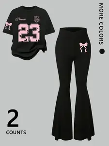 Women's 2-Piece Set Princess 23 Bow Print, Y2K Academy Style Casual T-Shirt & High-Waisted Bell-Bottom Pants, Trendy Sweet Streetwear