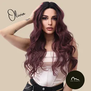 Olivia【WA-SM9036】 28" Long Wavy Synthetic Wigs for Women, Ombre Burgundy, Lace Frontal Loose Body Wave for Daily Use