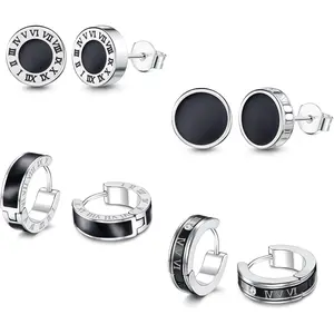 Unique 4 Pairs Black Classic Roman-style Earrings Studs Hoops for Women Men Cool Surgical Steel Hoop Stud Earrings Huggie Gothic Earrings Jewelry Set Engraved Roman Numerals Men's Earrings Classic Polished Earrings
