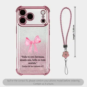 Sparkling Pink Bow Religious Case Spanish Bible Verse For Women iPhone Samsung Galaxy 17Pro Max Air 16 15Plus 14 13 12 11 XR XS S25 S24 S23 S22 Full Lens Protection Electroplated Frame Decorative Lanyard Charm.NN141