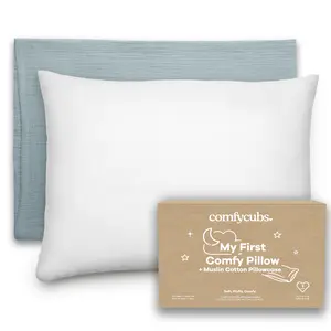 Comfy Cubs Toddler Pillow with Soft Muslin Pillowcase, 13x18, Cream - Kids Pillow for Sleeping & Travel - Adorable & Comfortable Small Pillow - Kids Travel Pillow with Breathable Microfiber Fill