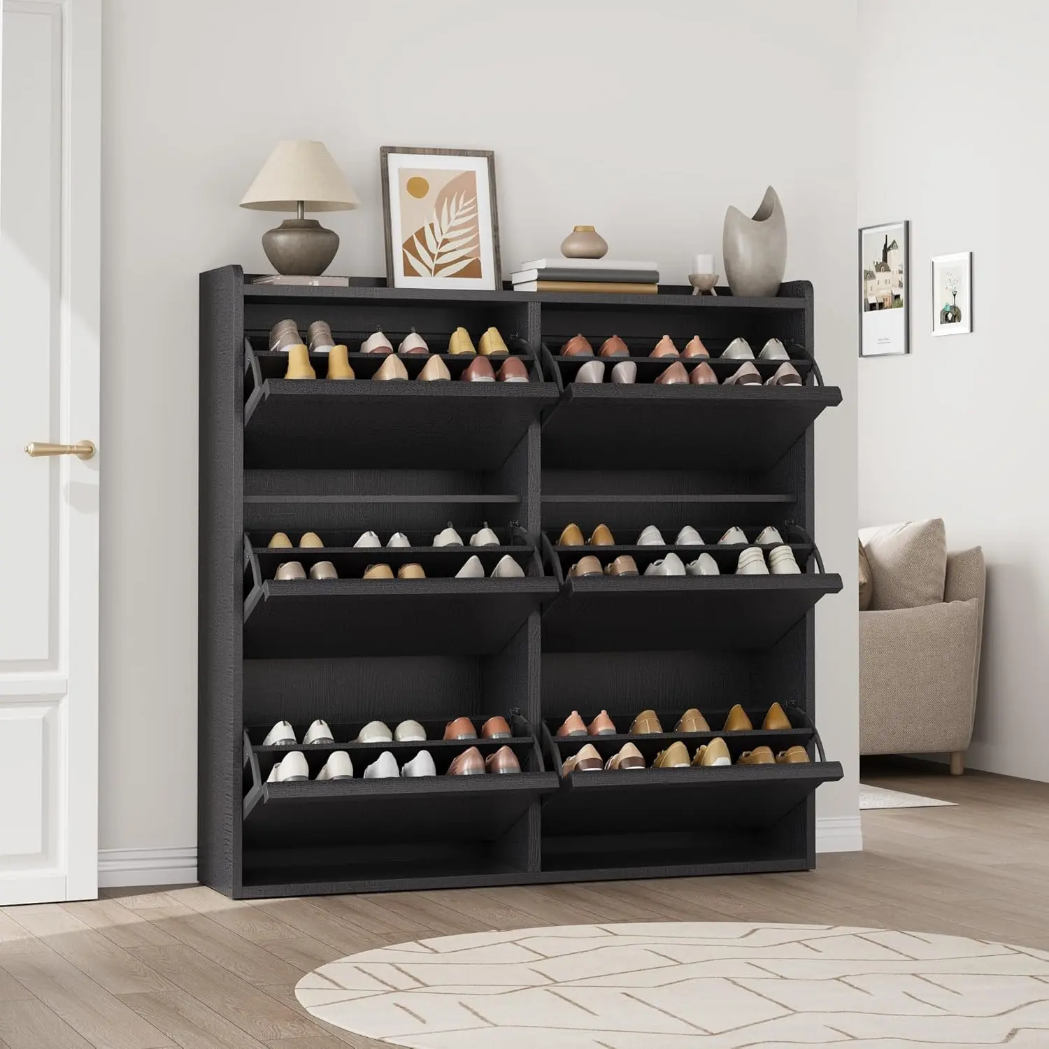 Wooden Shoe Organizer Cabinet with 6 Flip Drawers, Shoe Cabinet with Adjustable Shelf, Shoe Storage for Entryway, Hidden Shoe Cabinet for Hallway, Living Room, Black