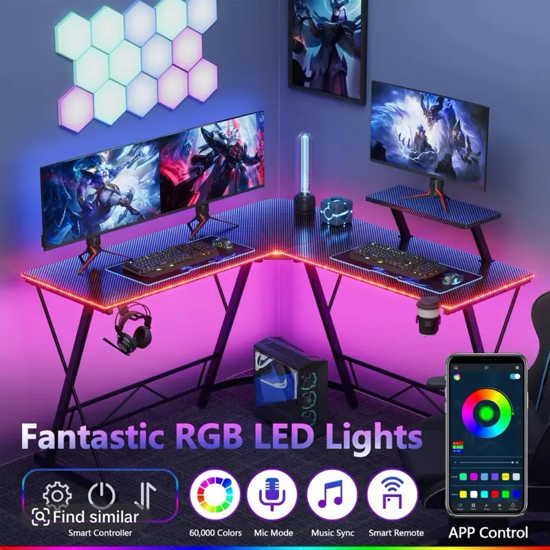 Mr IRONSTONE Gaming Desk with Led Lights, L Shaped Gaming Desk Corner Computer Deskcomputer Desk with Carbon Fiber Surface, Easy to Assemble, 51 inch