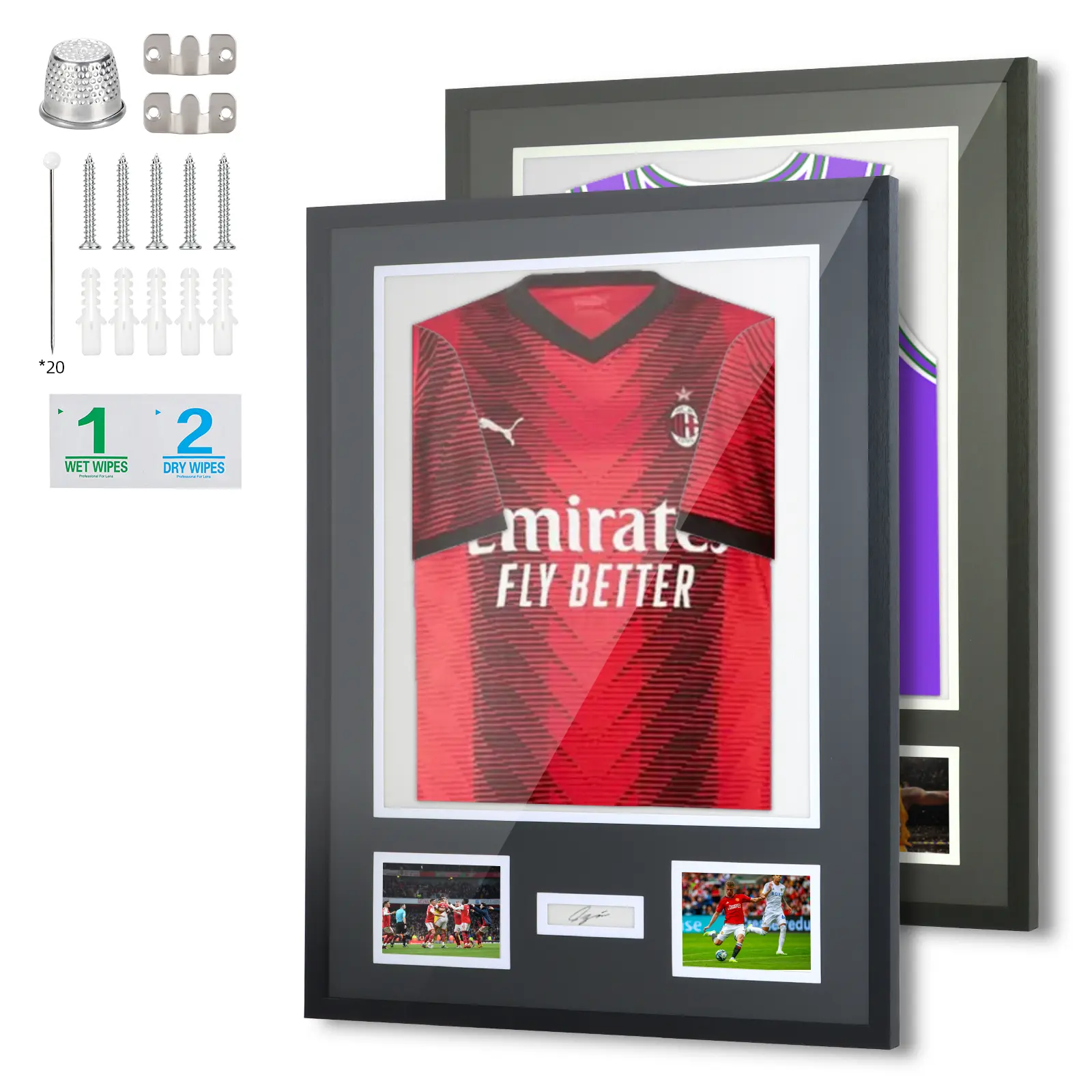 Single Traditional Frame Design Sports Jersey Frame with Picture & Photo Slots - Home Decor Display for Soccer, Football, Basketball Memorabilia, Includes Wet & Dry Wipes, Rectangle