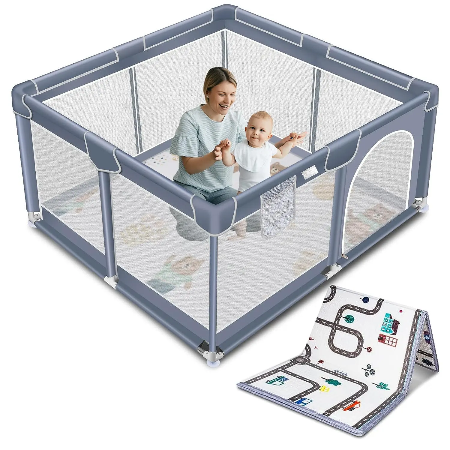 Suposeu Baby Playpen with Mat, Portable Play Yard for Toddler, Indoor/Outdoor Activity Center Sturdy Safe Playard
