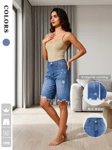 1 piece women's gradient blue distressed ripped frayed mid-rise denim Bermuda shorts, Boho Casual Shorts, heavyweight denim fabric wrinkle-resistant and easy to care for, retro casual style, perfect for music festivals/camping outfits