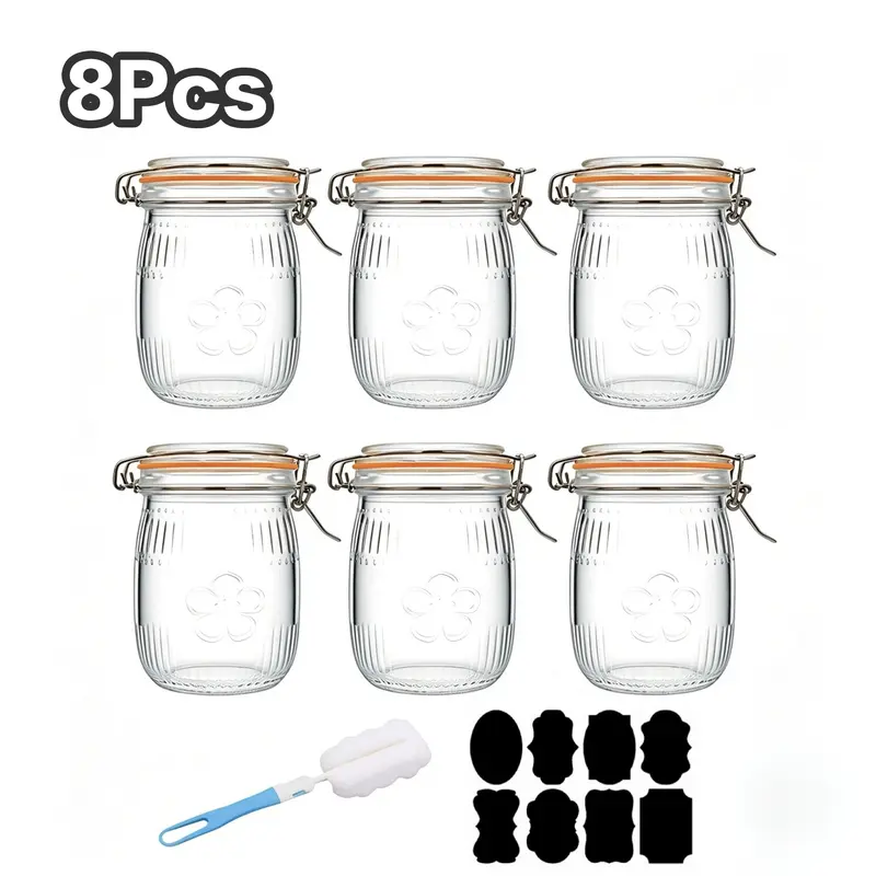 8-Pack 32oz Wide Mouth Vintage Glass Mason Jars with Airtight-Dustproof Lids, Sunflower Pattern Canning Containers for Airtight Food Storage, Coffee/Sugar Ready, Wide-Mouth Ease for Quick Fill & Clean, Kitchen Decor (Food Cover Included)