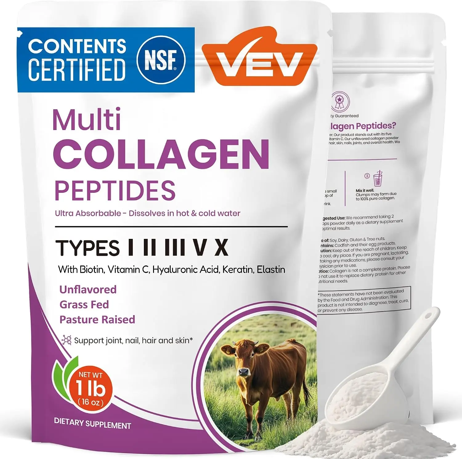 VEV Multi Collagen Peptides Powder with Hydrolyzed Collagen Types I, II, III, V & X, Hyaluronic Acid, Biotin & Vitamin C – 16 oz