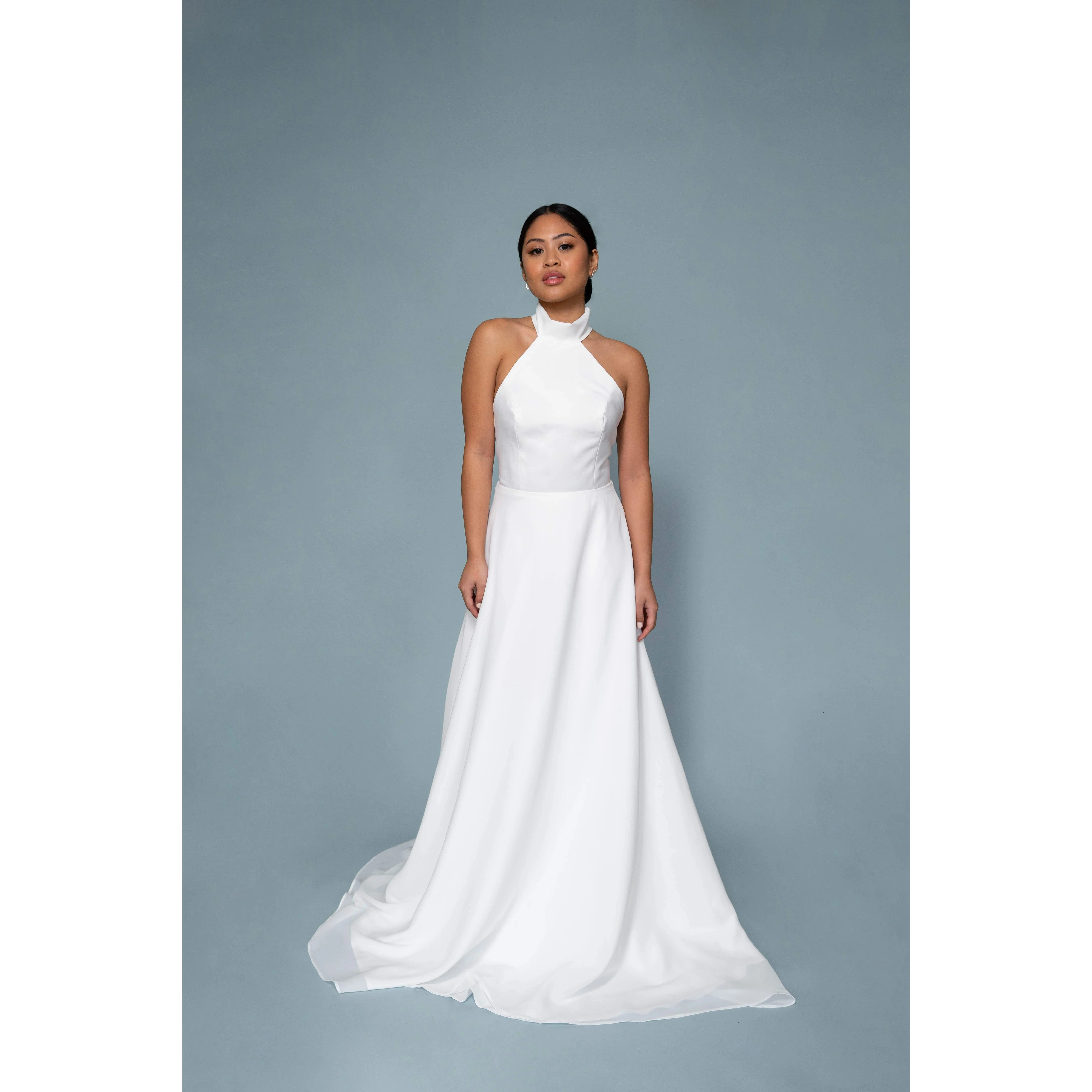 The Arizona Gown - Wedding Dress Bridal Gown High Halter Neckline Sheath Flowy Fit Crepe Chiffon Off White Low Back with Stringed Pearls