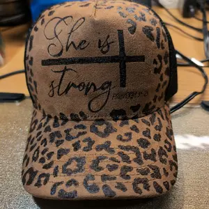 Hand burned, leopard print, Faith inspired trucker hat.