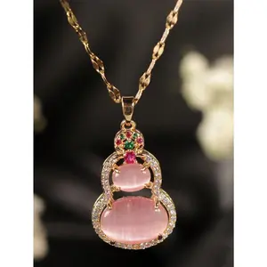 1pc Gold-Plated Chain Necklace with Titanium Steel, Red, Pink, and Colorful Cat’s Eye Stone Gourd Pendant, Suitable for Women’s Parties or Couples’ Gifts