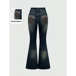 Grunge Punk & Alphabet Embroidery Women's Flare Casual Jeans, School