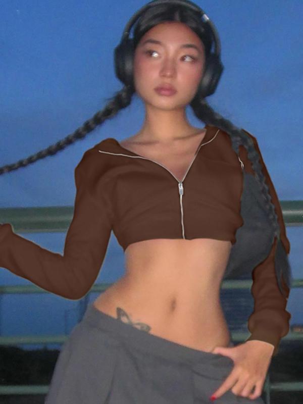 Women's Plain Pocket Zip Up Crop Hoodie, Casual Long Sleeve Hooded Top for Spring & Fall, Ladies Clothes for Daily Wear, Shoulder Hoodies, Casual Sporty Top