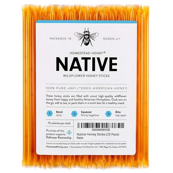 Homestead Honey 20-Pack Honey Sticks - Sweet Pure Wildflower Honey Packets for Tea and Snacks - Single Serve Natural Sweetener Straws - Easy Open for Travel, Lunchboxes, and On-the-Go Use