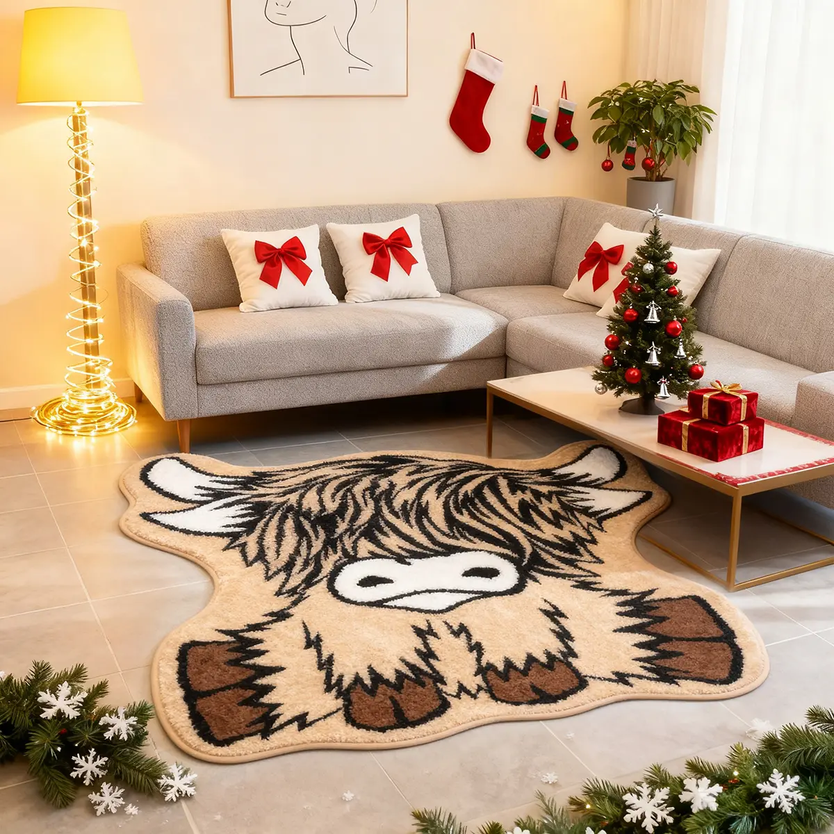 Highland cow rug, Christmas rug, Decorative Fluffy Rug, soft comfortable rug, creative Christmas hat Highland Cow pattern, furry and fluffy foot mat, Christmas gift, Christmas decoration, suitable for bedroom living room area