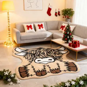 Highland cow rug，1 count Christmas rug, soft comfortable rug, creative Christmas hat Highland Cow pattern shape design, furry and fluffy foot mat, Christmas gift, Christmas decoration, suitable for bedroom farmhouse home living room area