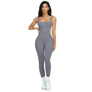[LTO]Womens Workout Rompers Jumpsuits Seamless Ribbed Yoga Gym One Piece Sleeveless Square Neck Tank Top Leggings Unitard Stylish Activewear Sports Outfits
