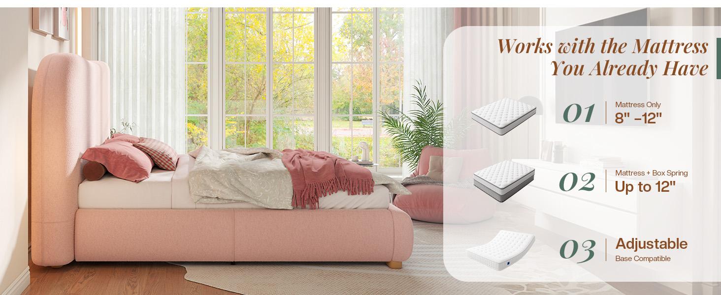[Memorialday]VanAcc Cloud Bed Frame, 7.1" Thick Curved Headboard, Soft Rounded Corners Kid & Pet Safe Design, Modern Upholstered Platform Bed, No Box Spring Needed
