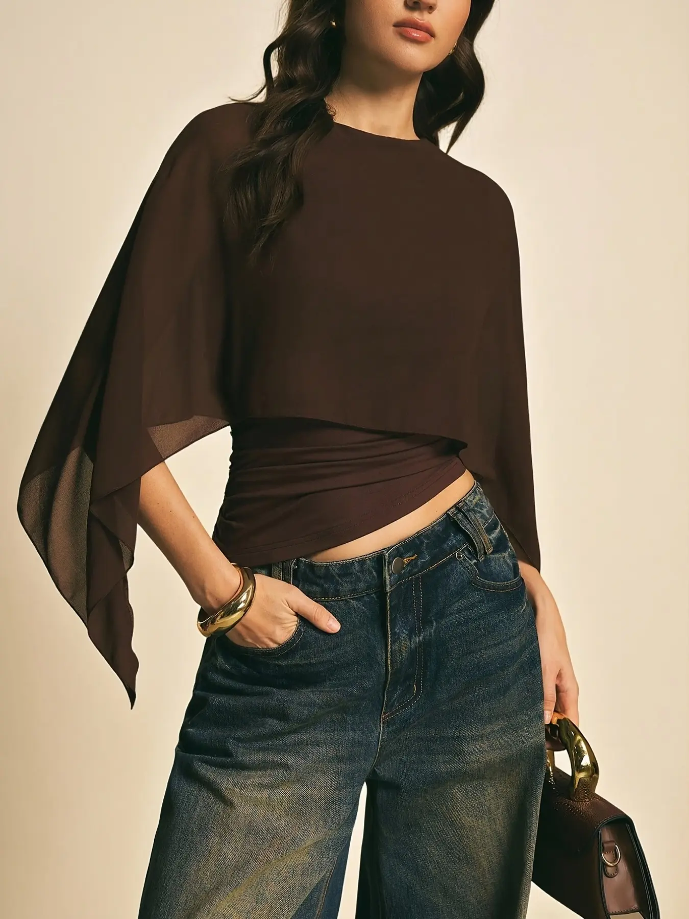 Women's Chocolate Cape Sleeve Top, Elegant Draped Sleeves, Perfect for Spring Summer Daily Wear, Chic Stylish Casual Blouse, Womenswear