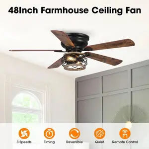 Parrot Uncle 48" Antwerp Farmhouse Flush Mount Reversible old Ceiling Fan with Lighting and Remote Control Durable Flush Mount, Reversible Blades, Remote Operation for Cozy Home Spaces