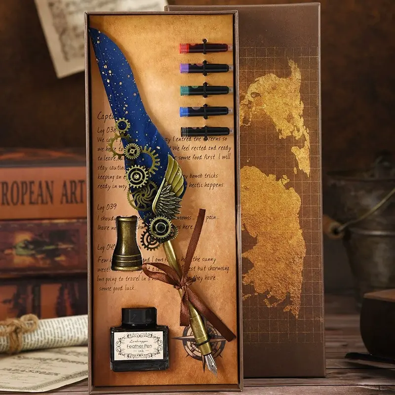 Vintage Map Wing Feather Quill Pen Set with Gift Box, 1 Set Punk Style Aesthetic Feather Pen Set, Creative Gift for Friend, Ink Cartridges, Unique Pens