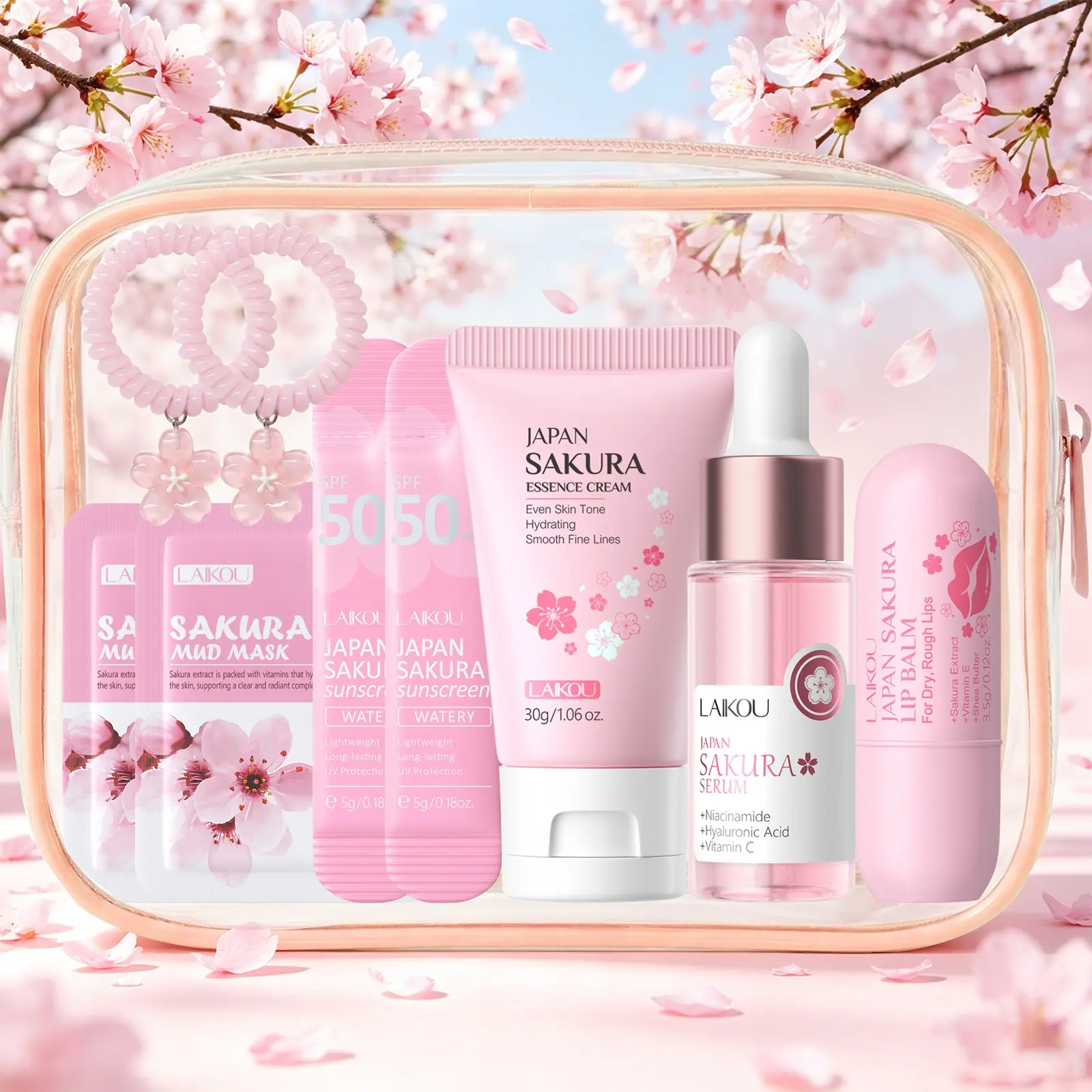 Skincare On A Budget - LAIKOU 7Pcs Sakura Trial Facial Care Set with Pink Pouch, Includes Serum, Cream, Lip Balm & Mask Packets, Affordable At-Home Travel SPA Kit