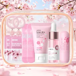 Skincare On A Budget - LAIKOU 7Pcs Sakura Trial Facial Care Set with Pink Pouch, Includes Serum, Cream, Lip Balm & Mask Packets, Affordable At-Home Travel SPA Kit