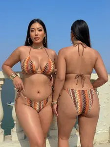 Plus Size High Stretch Halter Bikini Set, Boho Style Tie-Side Design, Perfect for Summer Beachwear & Casual
