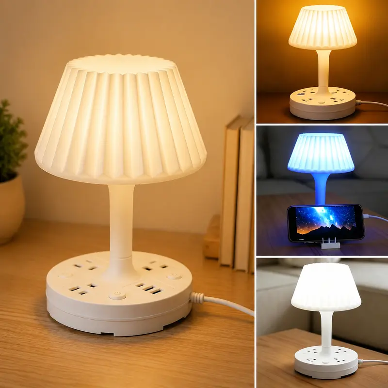 RGB Dimmable LED Bedside Desktop Lamp with Base, Shade, AC Outlets, USB Ports & Remote Control - Electronic Lamp, Colorful Light, Ambient Decor Lighting for Home Improvement