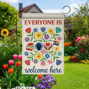 Everyone is Welcome Here Garden Flag: Floral Inclusivity Decor, Burlap Fabric Outdoor Sign