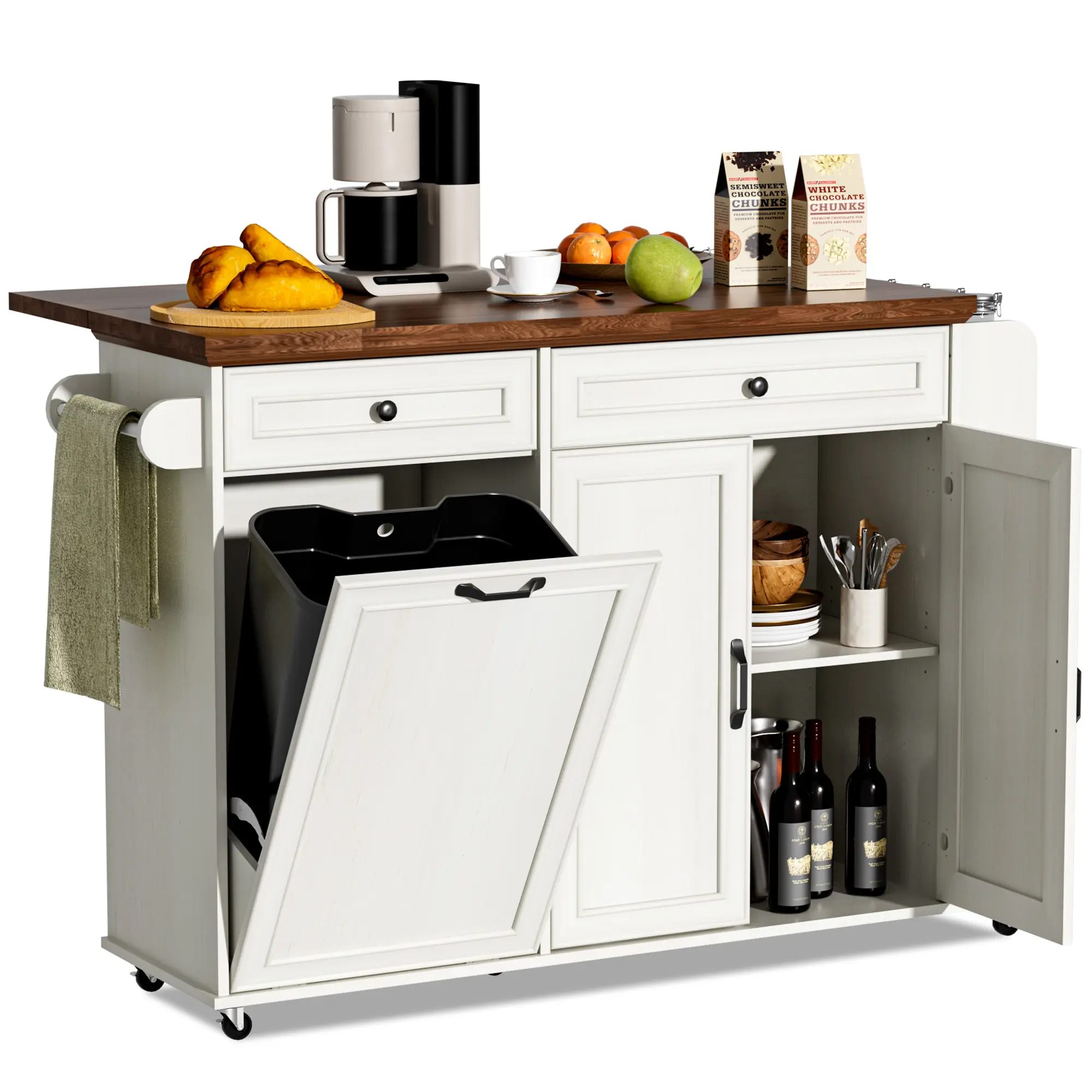 AHB Wood Modern Kitchen Cart - 3-Tier Spice Rack, Drop Leaf, Trash Can Storage, Drawers, Towel Rack, Wheeled Base - Rolling Island for Mobile Storage in Kitchen, Dining Room (Mother's Day Gift Option), Three Tiers