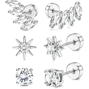 MILACOLATO Flat Back Sterling Silver Earrings 14K Plated Gold Hypoallergenic Stud Earrings for Women Men Tragus Helix Piercing Jewelry Small Cubic Zirconia Cartilage Earring Sets