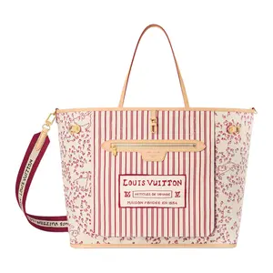 Louis Vuitton x Grace Coddington Catogram Neverfull Inside-Out Tote Bag - High-End Dual-Handled Large-Capacity Fabric Women's Handbag with Beige and Red Striped Coated Canvas, Gold-Colored Accents, Dual-Handled Women's Handbags, Fabric Women's Handbags
