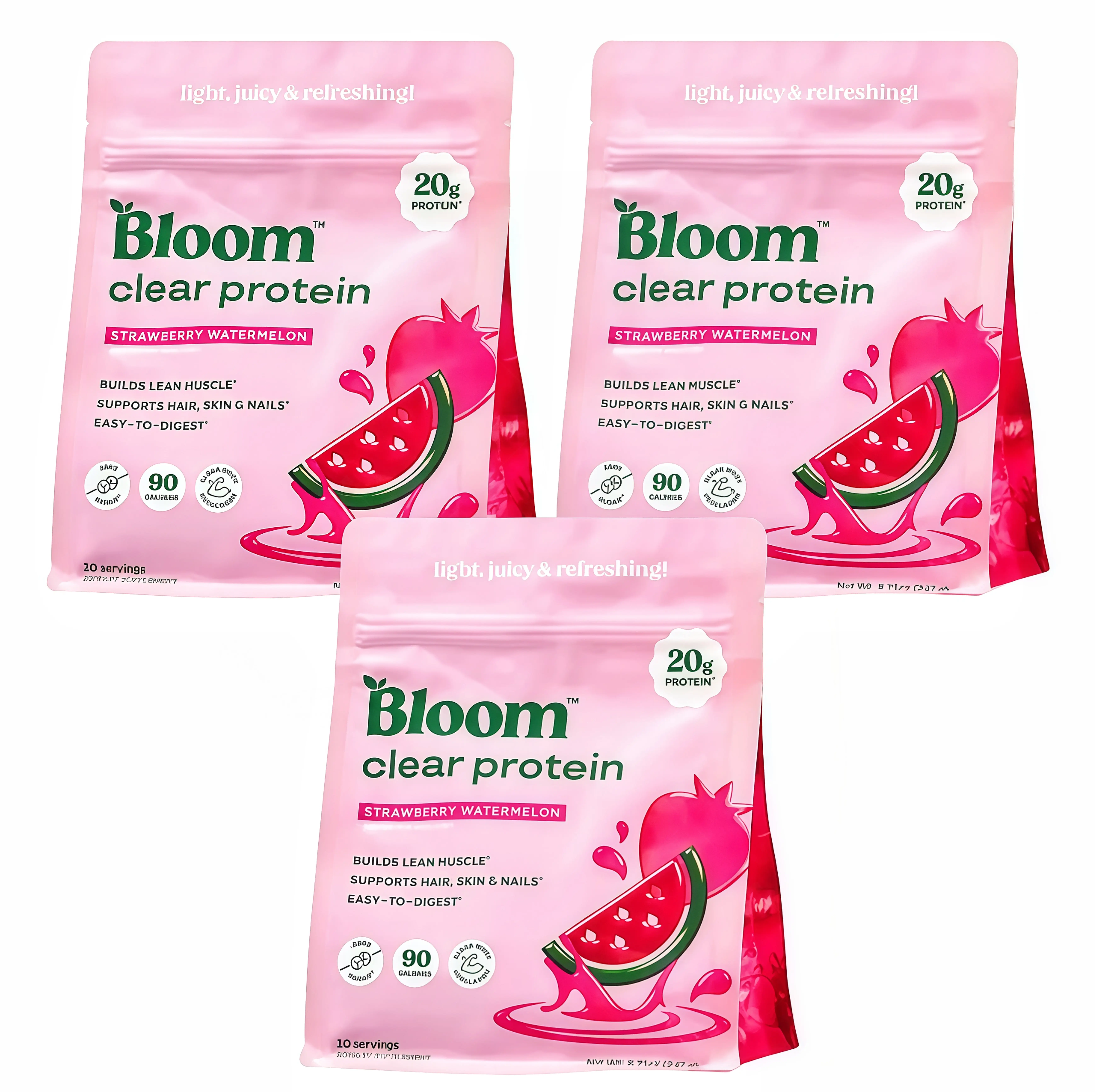 3 Pack Bloom Nutrition Clear Protein Powder,KB Strawberry Watermelon Flavor, 20g Whey Collagen Protein, Zero Sugar, 90 Calories, 10 Servings