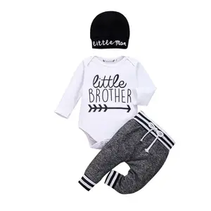 Newborn Infant Baby Boy Little Brother Long Sleeve Romper Pants Hat 3Pcs Outfits Clothes