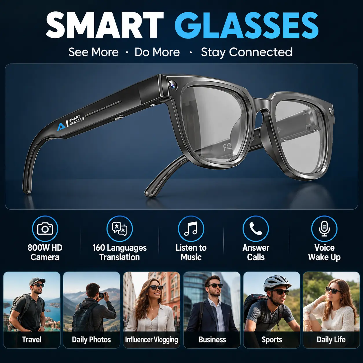 AI Smart Sunglasses with Camera, Photo & Video Recording, Real-Time AI Translation, Bluetooth Audio for Music & Hands-Free Calls, Voice Wake-up, POV Smart Glasses for Travel, Vlog, Business, Live Streaming, Sports & Gif