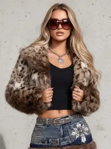 Women's Y2K Leopard Print Faux Fur Short Cardigan Jacket, Fur Jackets, Casual Loose Fit Lapel Neckline Coat, Fashionable Women's Outerwear, Casual Chic Outerwear, Lightweight Spring Jacket