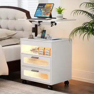 Lvifur Nightstand with Wireless Charging Station LED Nightstand Has Adjustable Rotary Workstation Smart Night Stand with 2 Drawers Modern Bedside Table for Bedroom Sensor Light Wheel